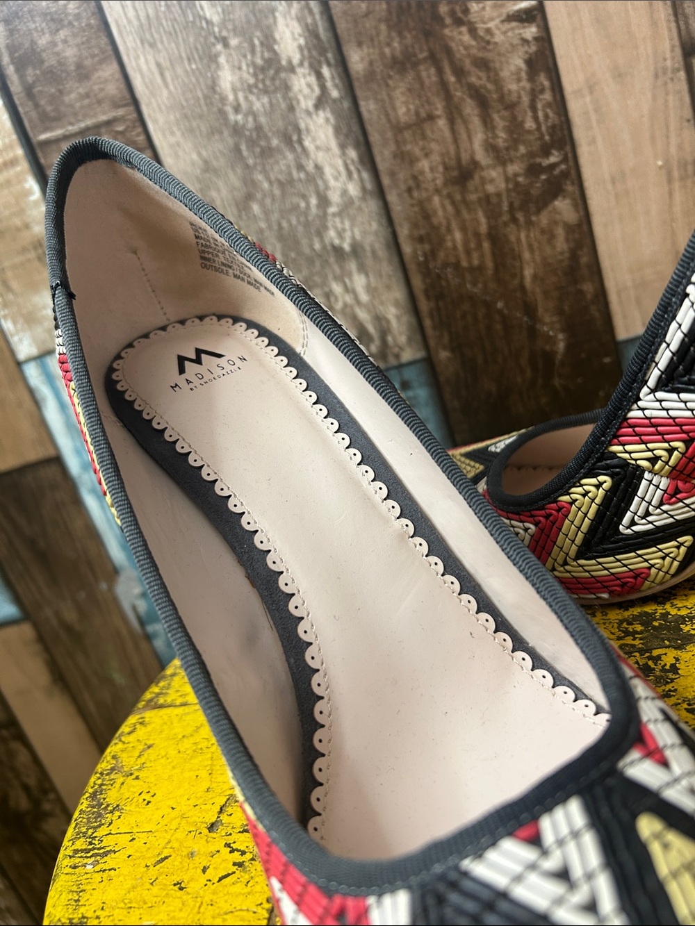 Madison Chevron Woven Pointed-Toe Stilettos in Red, Yellow, Black & White - Picture 15 of 15